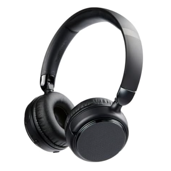 Black over-ear headphones with cushioned ear pads and adjustable headband. Designed for wireless audio playback, featuring sleek and modern design.