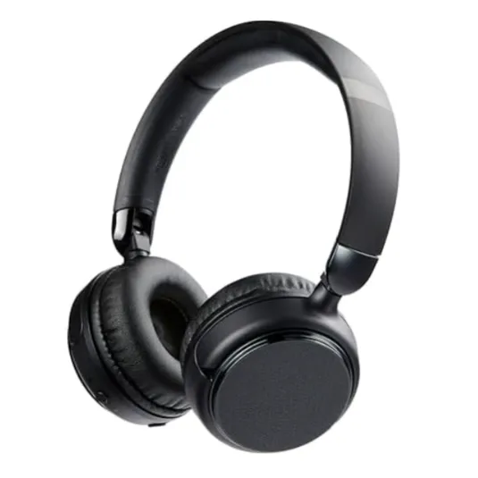 Black over-ear headphones with cushioned ear pads and adjustable headband. Designed for wireless audio playback, featuring sleek and modern design.