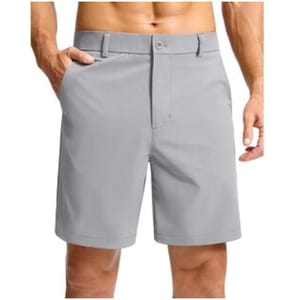 Gray men's shorts with a button closure, two side pockets, and belt loops.