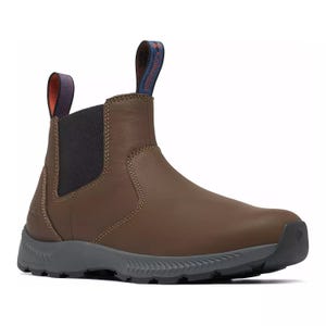 Brown leather Chelsea-style boots with elastic side panels, pull tabs, and a rugged, textured gray sole, suitable for outdoor wear.