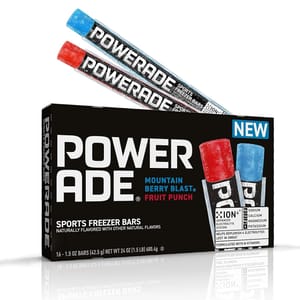 Powerade Sports Freezer Bars in Mountain Berry Blast and Fruit Punch flavors, featuring ION4 for replenishing electrolytes with sodium, calcium, magnesium, and potassium. Contains 16 bars, each 1.5 oz.