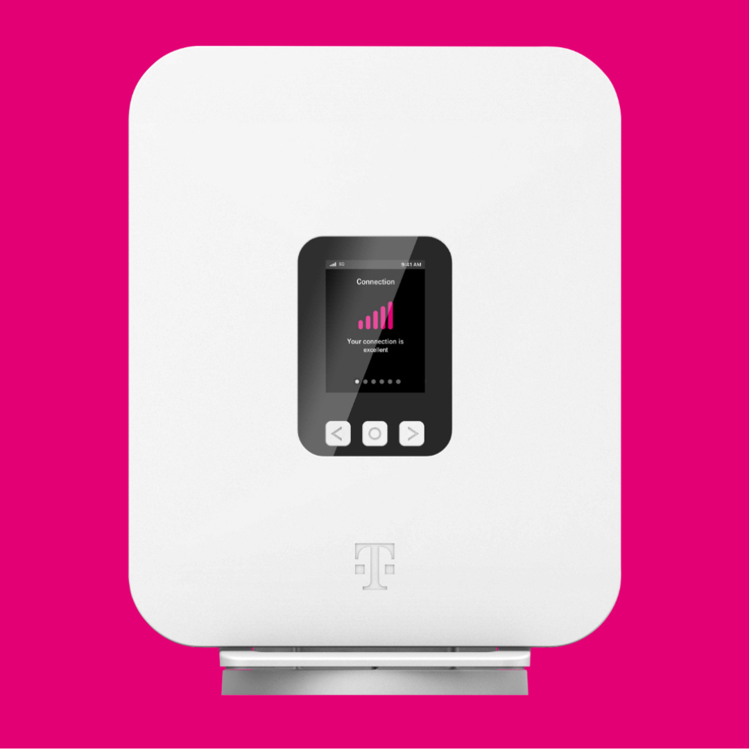 A white device with a small screen displaying connection status, featuring a magenta signal icon and navigation buttons, with a logo resembling a \“T\“ below the screen.