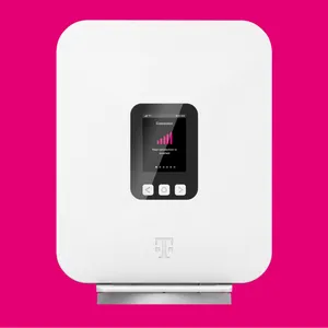 A white device with a small screen displaying connection status, featuring a magenta signal icon and navigation buttons, with a logo resembling a \“T\“ below the screen.