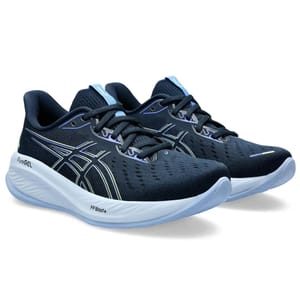 Pair of dark-colored athletic shoes featuring the Asics logo, equipped with PureGEL and FFBlast+ cushioning technology, and light blue accents on the tongue and sole.