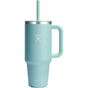 The Hydro Flask 40oz Tumbler is a light blue, insulated mug with a handle, featuring a stainless steel rim and a matching straw. It has the Hydro Flask logo on the front.