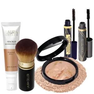 Laura Geller makeup set featuring a skin-perfecting primer, bronzer, a kabuki brush, baked face powder, and waterproof mascara.