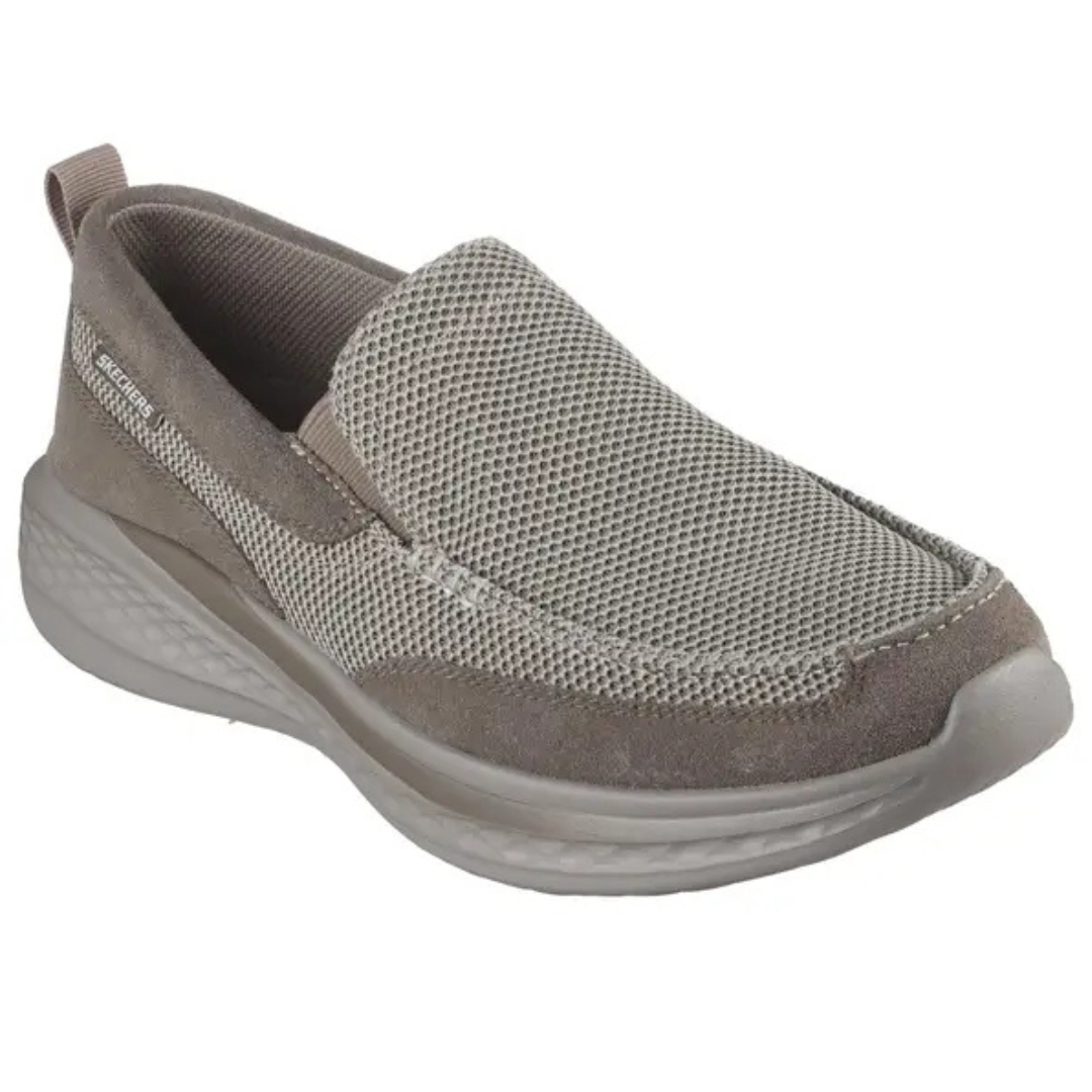 Gray Skechers men's loafers with a textured mesh upper, slip-on design, and cushioned outsole for comfort.