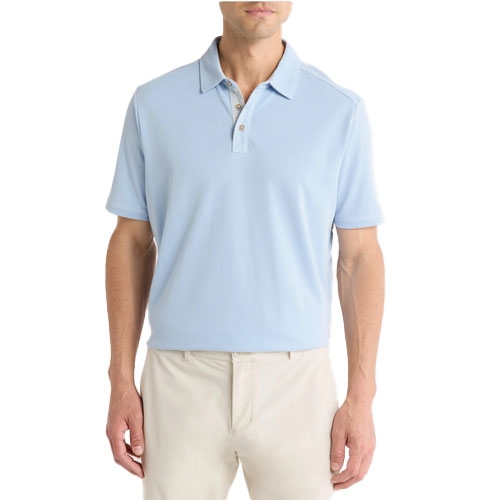 Light blue Tommy Bahama polo shirt, featuring a classic collar and three-button placket, paired with beige pants.