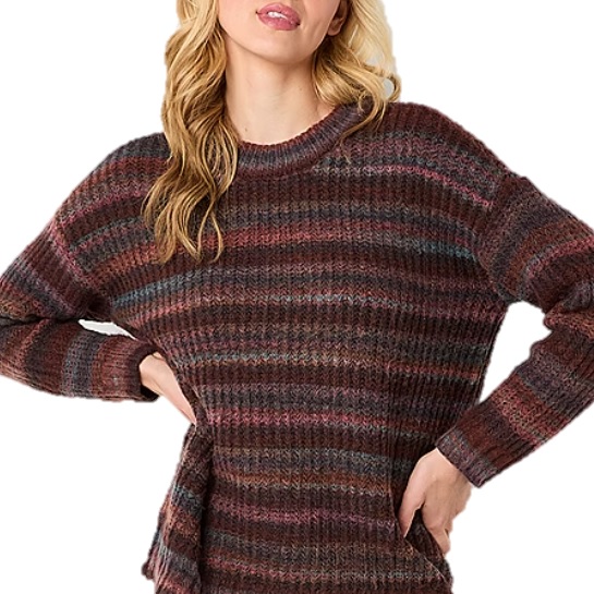 A striped, long-sleeve sweater in shades of brown, pink, and blue, featuring a relaxed fit with a round neckline.