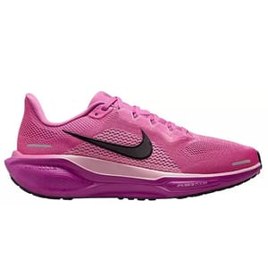 A pink athletic running shoe with a black swoosh logo, featuring visible cushioning and a textured mesh upper for breathability.
