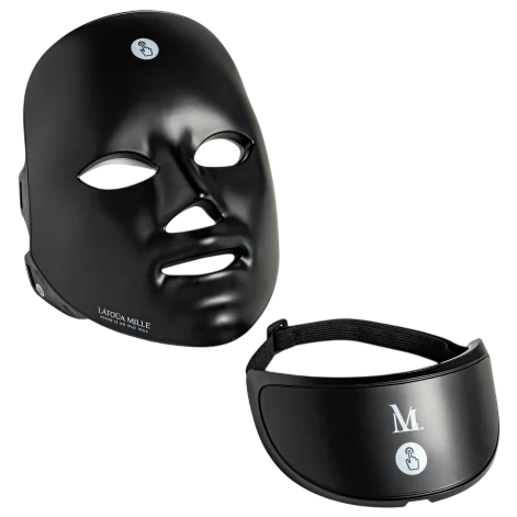 A black face mask and a separate adjustable strap with logos, likely for skincare or LED therapy purposes.