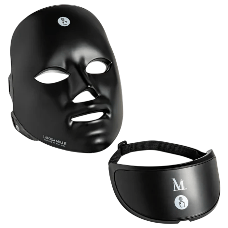 A black face mask and a separate adjustable strap with logos, likely for skincare or LED therapy purposes.
