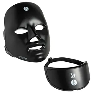 A black face mask and a separate adjustable strap with logos, likely for skincare or LED therapy purposes.