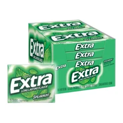 Extra sugarfree gum, spearmint flavor, features long-lasting taste. The display box contains 10 packs, each with 15 sticks of gum.