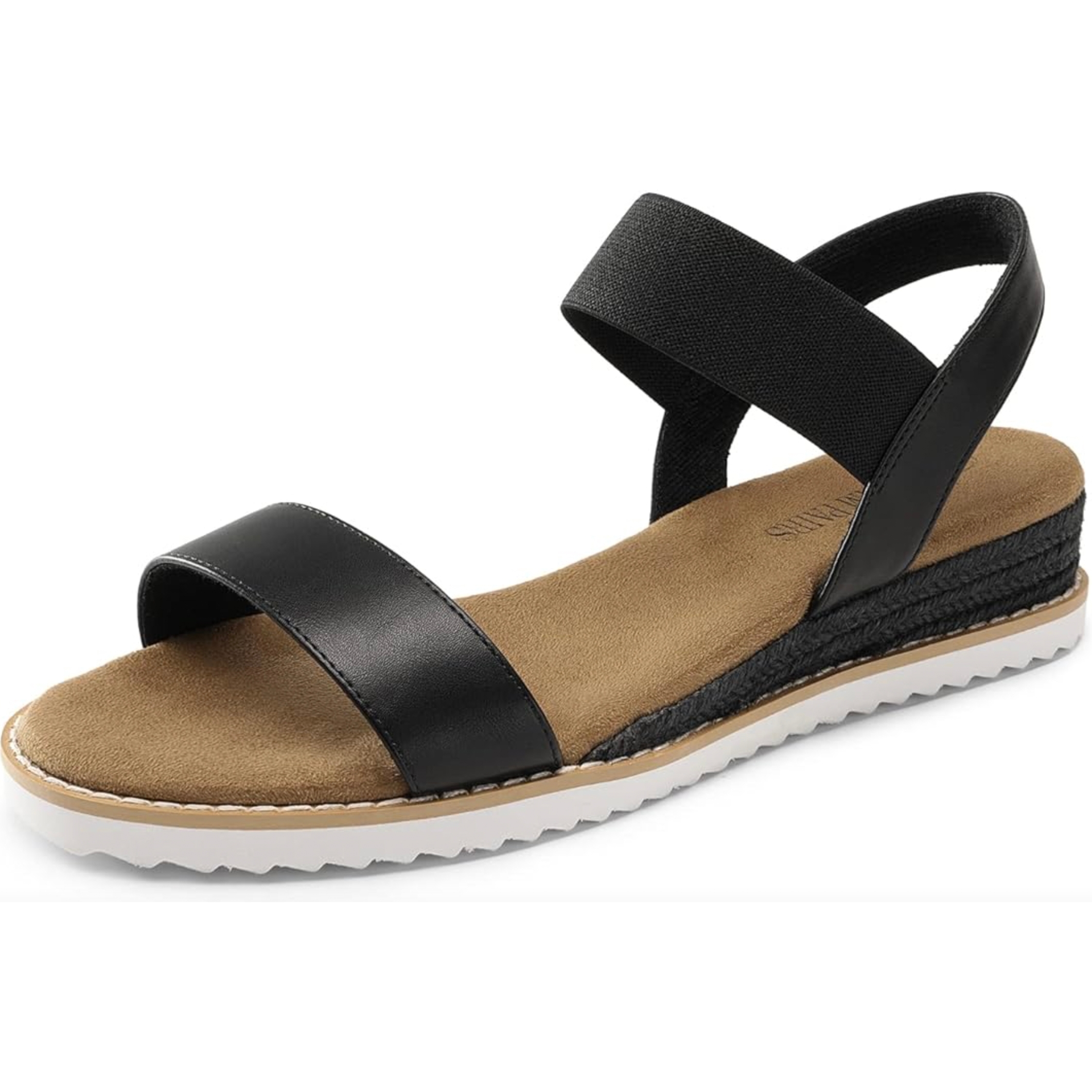 Black women's sandal with an open toe, featuring a wide front strap, an elastic ankle strap, and a slightly elevated espadrille wedge sole with a white rubber outsole.