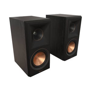 Klipsch Bookshelf Speaker Set with a black finish features copper-colored woofers and Tractrix horn tweeters, providing a stylish design and high-quality audio performance.