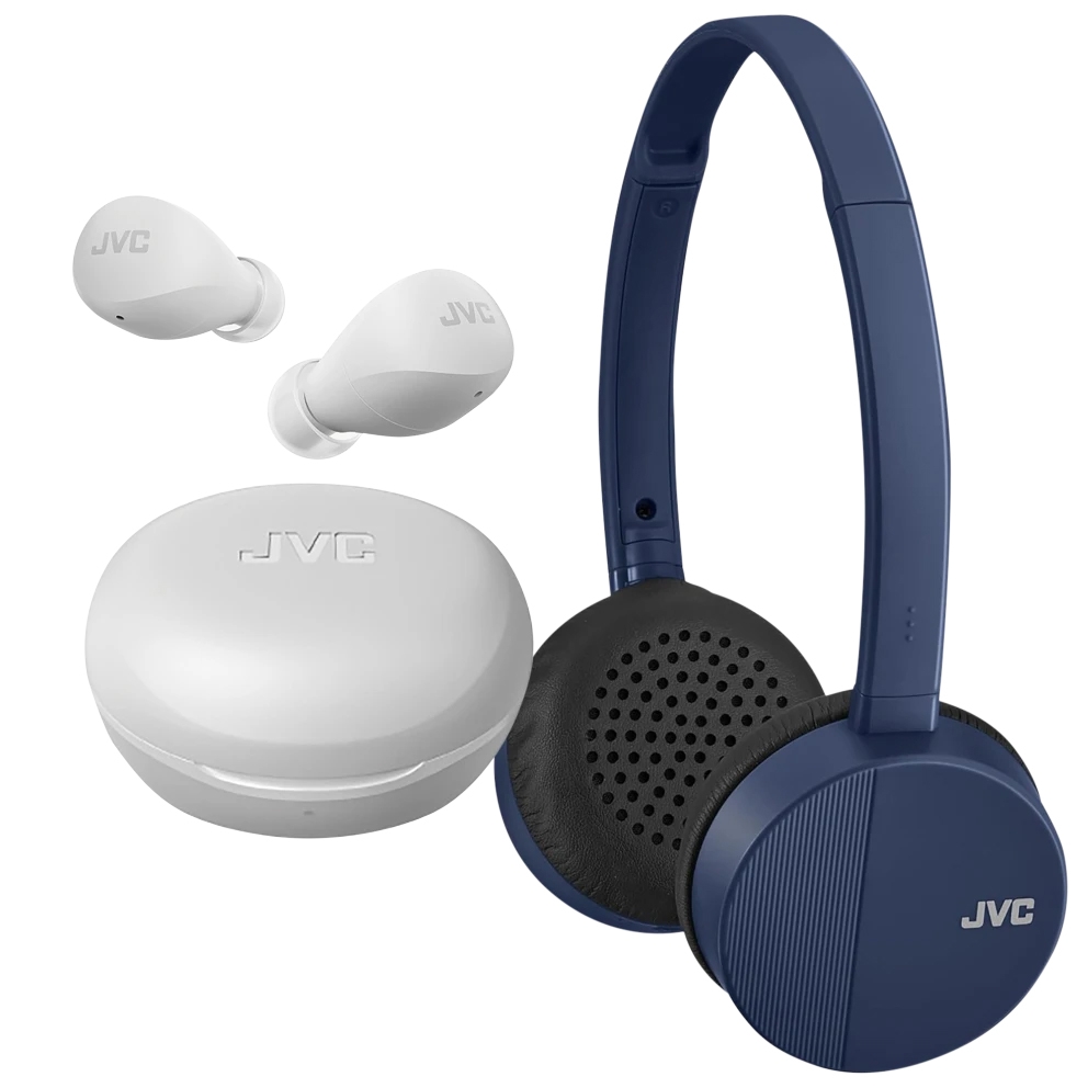 JVC Earbuds & Headphones Bundle includes white true wireless earbuds with a charging case and blue on-ear headphones, both featuring the JVC logo.