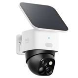A security camera with a solar panel, featuring dual lenses for enhanced surveillance capability, marked with \“Eufy Security.\“