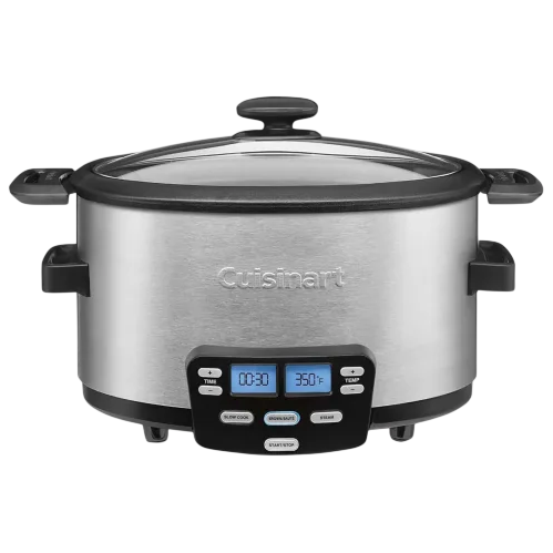 A Cuisinart slow cooker with a digital control panel, stainless steel body, and black handles. It features a glass lid and displays a time of 00:30 and a temperature of 350°F.