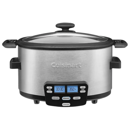 A Cuisinart slow cooker with a digital control panel, stainless steel body, and black handles. It features a glass lid and displays a time of 00:30 and a temperature of 350°F.