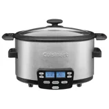A Cuisinart slow cooker with a digital control panel, stainless steel body, and black handles. It features a glass lid and displays a time of 00:30 and a temperature of 350°F.