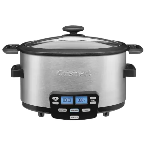 A Cuisinart slow cooker with a digital control panel, stainless steel body, and black handles. It features a glass lid and displays a time of 00:30 and a temperature of 350°F.