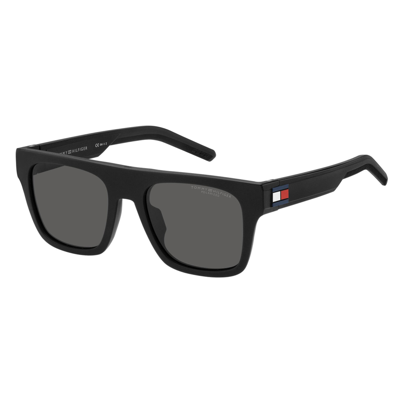 Black rectangular sunglasses with polarized lenses and a small logo on the temple, featuring the Tommy Hilfiger brand.