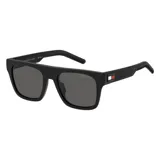 Black rectangular sunglasses with polarized lenses and a small logo on the temple, featuring the Tommy Hilfiger brand.