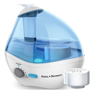 A blue and white Pohl + Schmitt ultrasonic humidifier with an adjustable mist control knob and a power button.