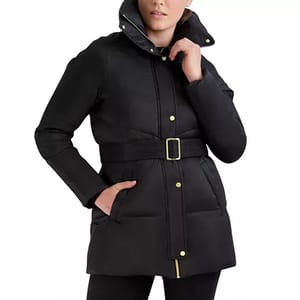 A black puffer jacket with a pillow collar and belted waist. It features gold snap buttons, a zipper closure, and side pockets, designed for warmth and style.