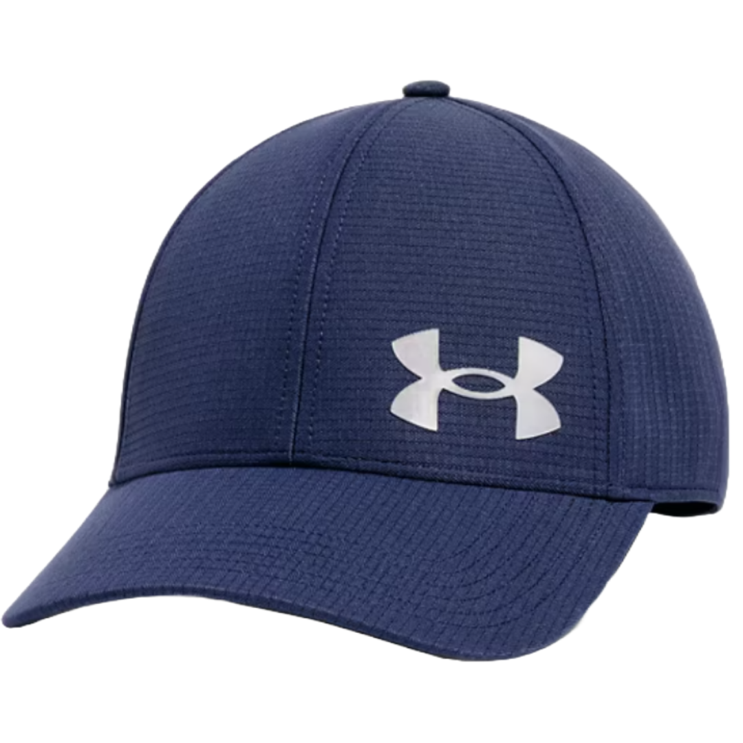 A navy blue Under Armour cap with a textured fabric and the brand's logo prominently displayed on the front.
