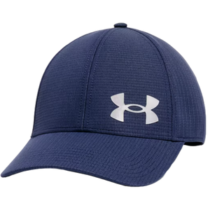 A navy blue Under Armour cap with a textured fabric and the brand's logo prominently displayed on the front.