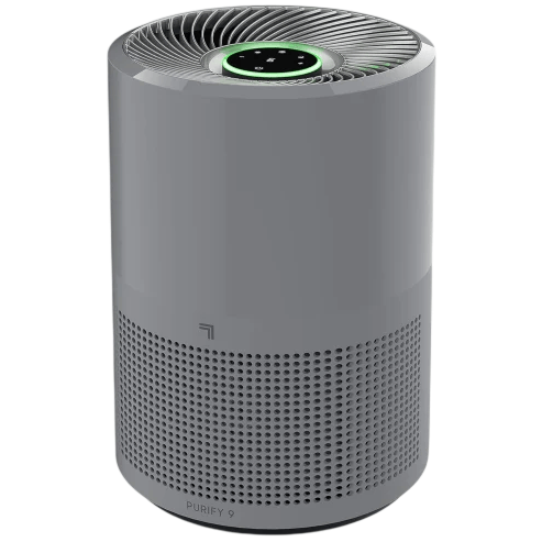 A cylindrical air purifier with a top fan and digital display, featuring a perforated design at the bottom for air intake.