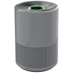 A cylindrical air purifier with a top fan and digital display, featuring a perforated design at the bottom for air intake.