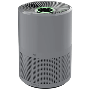 A cylindrical air purifier with a top fan and digital display, featuring a perforated design at the bottom for air intake.