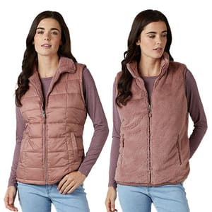 Two models wear reversible vests: one side is quilted, and the other is fluffy. Both are rose-colored, paired with long-sleeve shirts and jeans.
