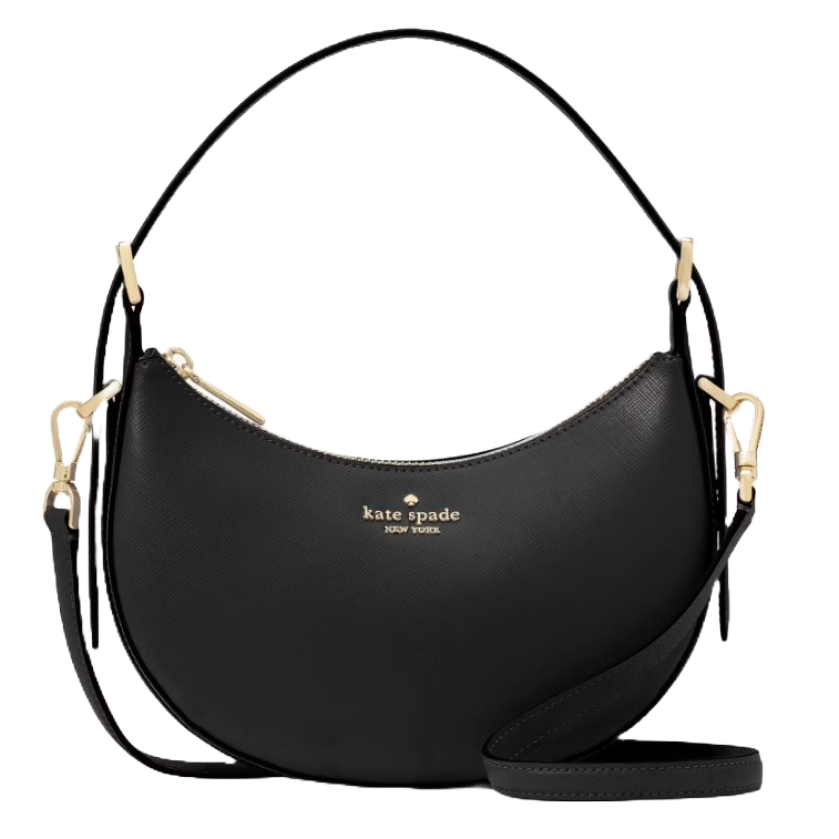 A semi-circular black Kate Spade New York handbag with gold-tone hardware, dual handles, and a crossbody strap.