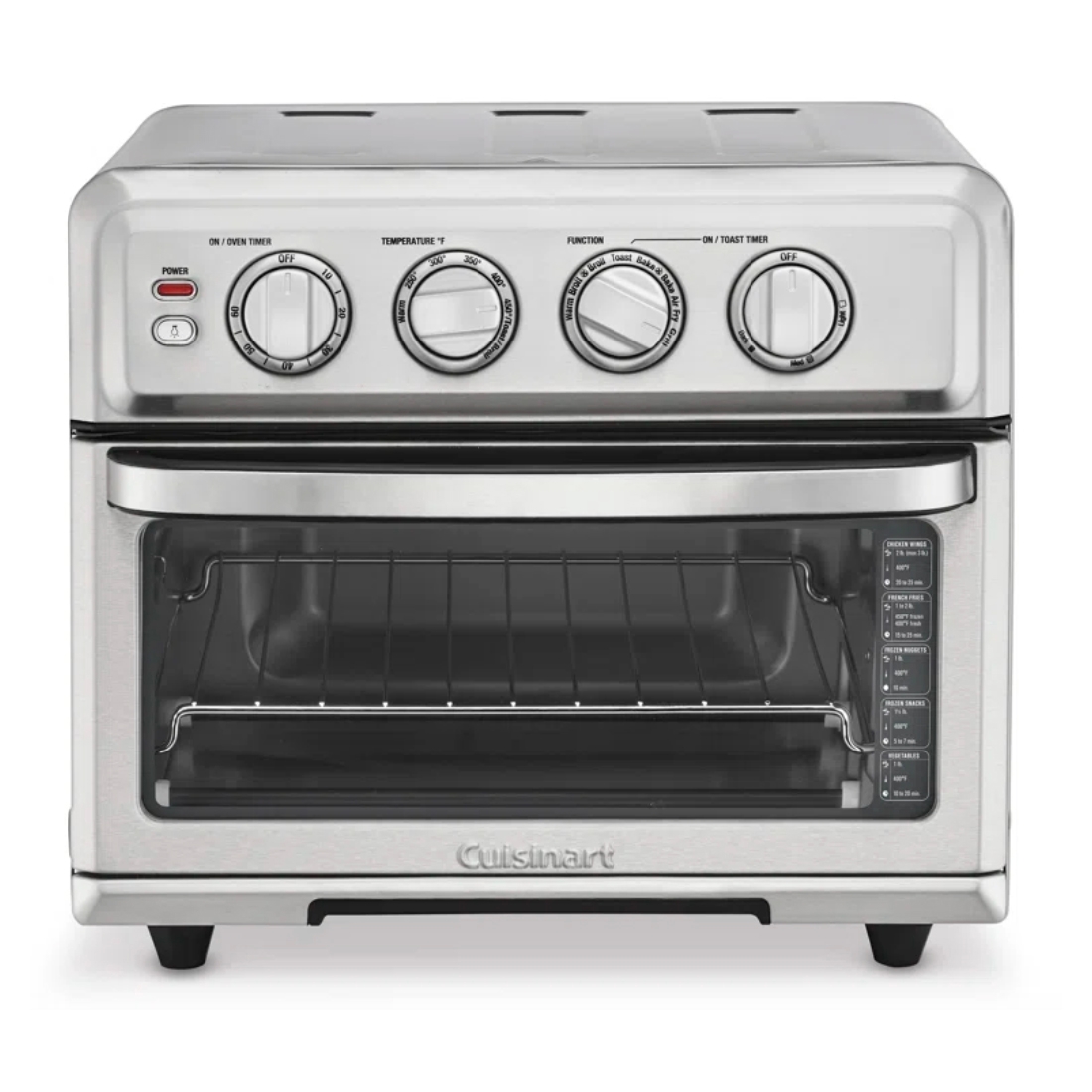 Stainless steel Cuisinart 8-in-1 Air Fryer & Oven with adjustable dials for time, temperature, function, and toast settings. Features a front door with a handle and interior cooking rack.