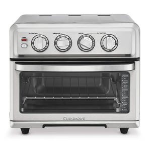 Stainless steel Cuisinart 8-in-1 Air Fryer & Oven with adjustable dials for time, temperature, function, and toast settings. Features a front door with a handle and interior cooking rack.