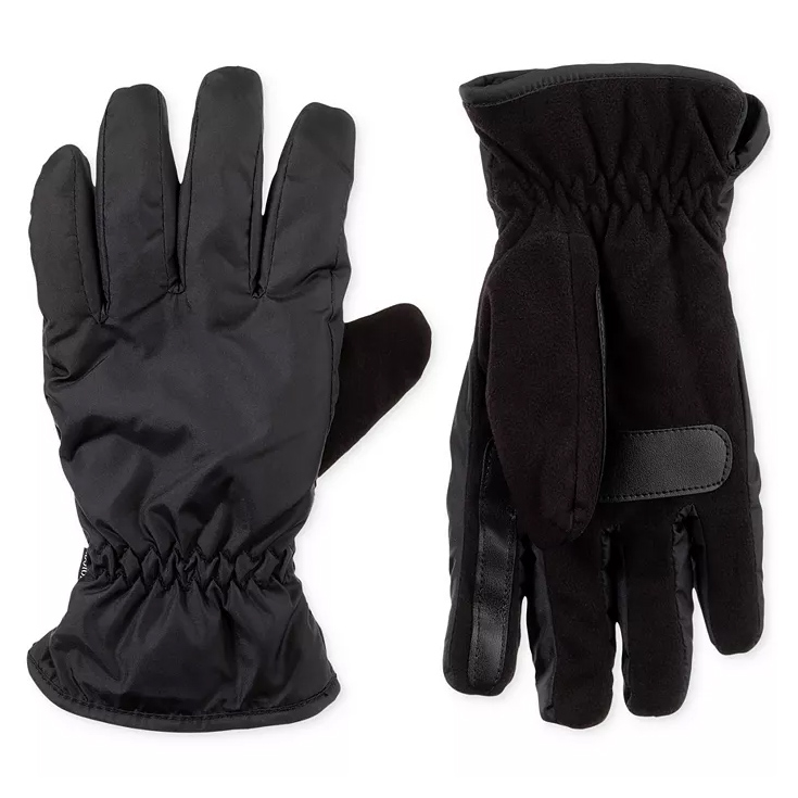 Men's Isotoner gloves are black with a combination of sleek and soft materials. They feature an elastic wrist for a snug fit and a velcro strap for additional security.