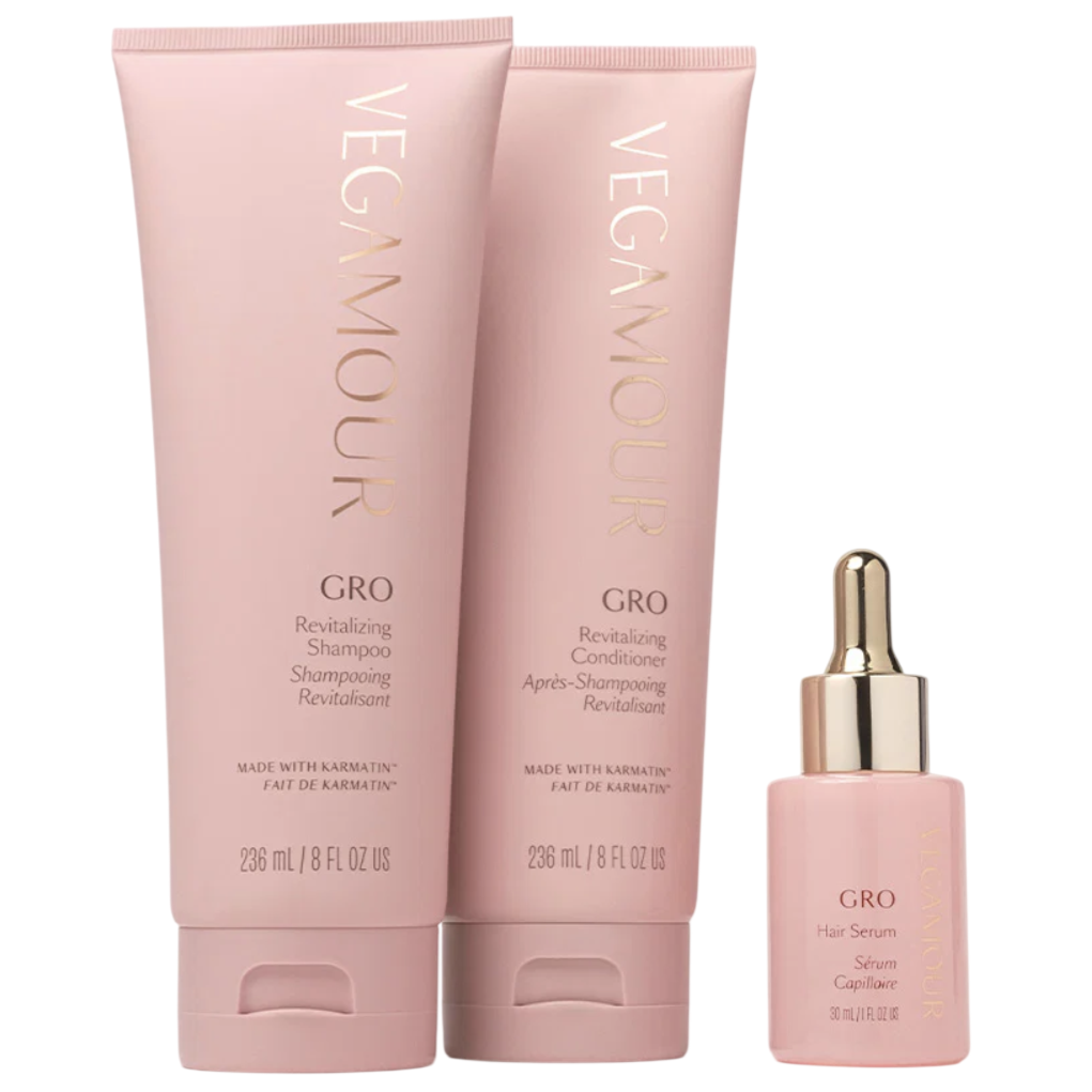 VEGAMOUR GRO Revitalizing Shampoo and Conditioner (236 mL each) and Hair Serum (30 mL) are shown, featuring Karmatin™.