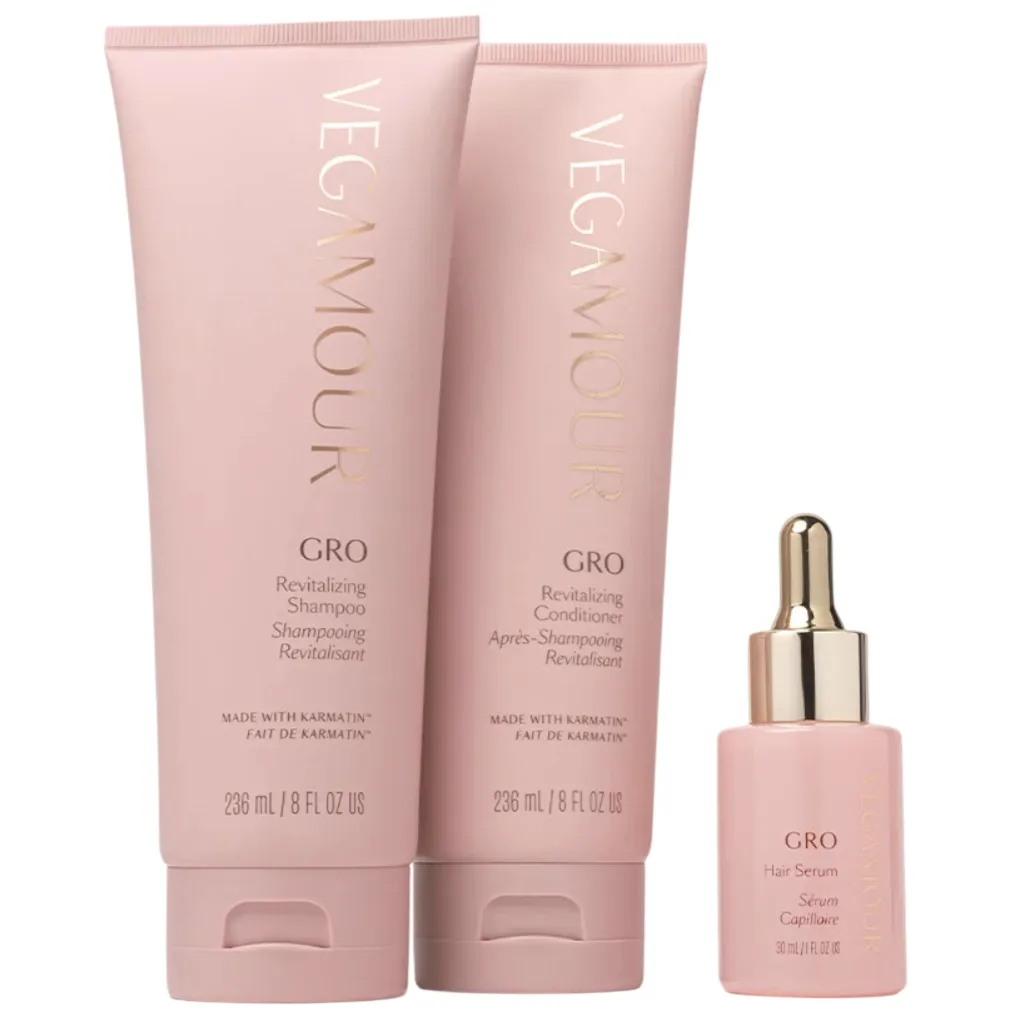 VEGAMOUR GRO Revitalizing Shampoo and Conditioner (236 mL each) and Hair Serum (30 mL) are shown, featuring Karmatin™.