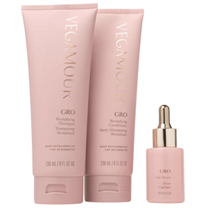 VEGAMOUR GRO Revitalizing Shampoo and Conditioner (236 mL each) and Hair Serum (30 mL) are shown, featuring Karmatin™.