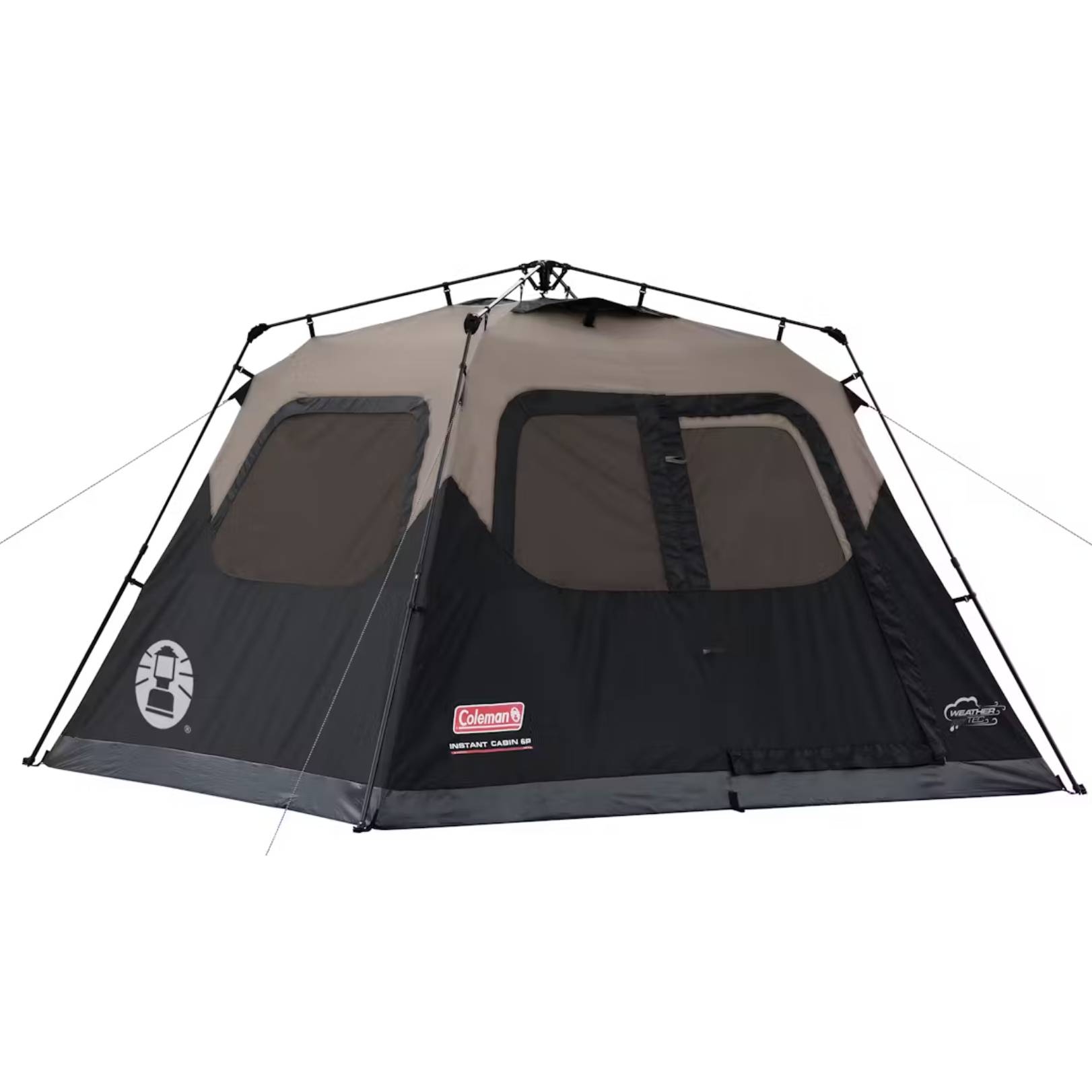 A six-person Coleman Instant Tent featuring pre-attached poles for quick setup, with large windows and a dark-colored, weather-resistant fabric.