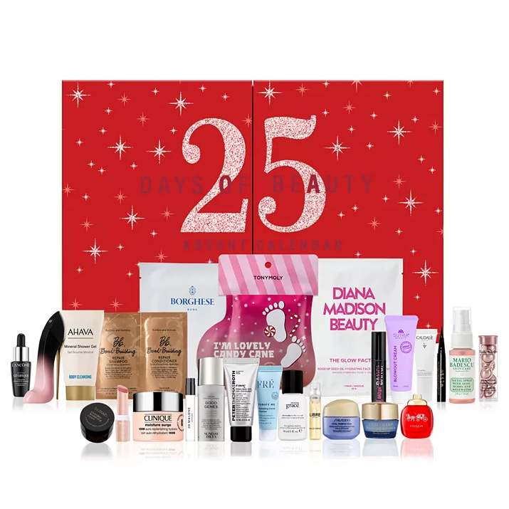 25 Days of Beauty Advent Calendar with various skincare and beauty products, including brands like Clinique, Shiseido, TonyMoly, and Mario Badescu, featuring masks, creams, and serums.