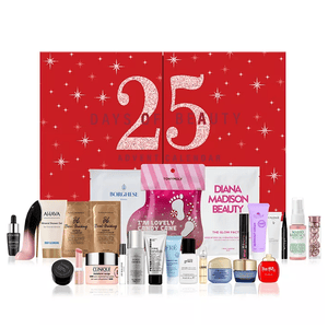 25 Days of Beauty Advent Calendar with various skincare and beauty products, including brands like Clinique, Shiseido, TonyMoly, and Mario Badescu, featuring masks, creams, and serums.