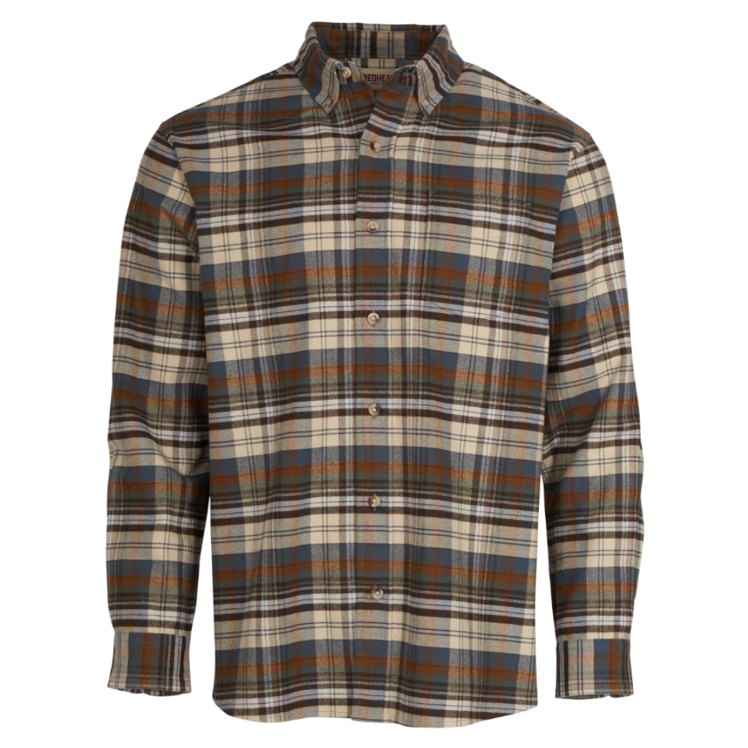 A men's button-up flannel shirt from RedHead features a plaid pattern in shades of brown, cream, and blue, with a classic button-down collar and long sleeves.