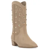 A beige suede mid-calf cowboy boot with metallic studs and a low stacked heel.
