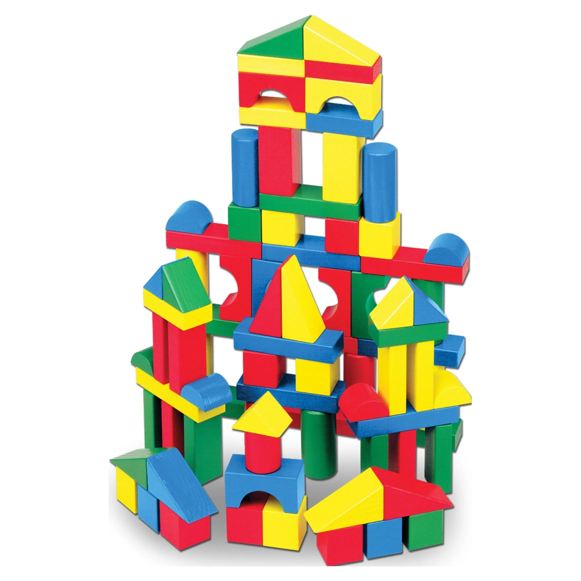 Colorful wooden building blocks, including various shapes like rectangles, cylinders, and triangles in red, blue, yellow, and green, are stacked to form a castle-like structure.