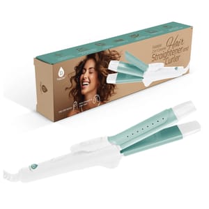 Foldable 2-in-1 ceramic hair straightener and curler with teal and white design, packaged in a box showing a woman with curly hair. Features a one-step switch for easy transition from straight to curly styles.